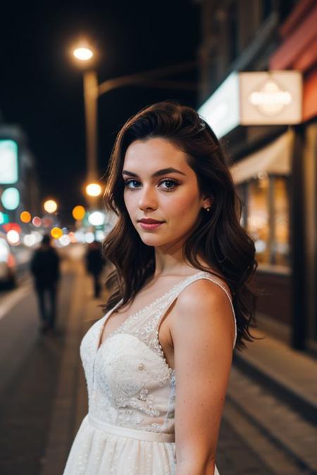 instagram photo, closeup face photo, young dutch woman, wearing a dress, beautiful face, makeup, night city street, bokeh, motion blur