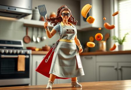 "Super Kitchen Mom" â A culinary superhero armed with a high-tech apron that stores gadgets for any kitchen emergency. She wields a super-powered spatula that can flip anything, from pancakes to villains, and her oven mitts can withstand any heat. The action figure comes packaged with a ral-afpacking label at the bottom-right corner. The background shows a fully equipped futuristic kitchen, with food flying through the air in a perfect whirlwind of multitasking.