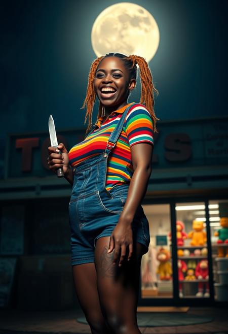 Modern, 2020s, detailed cinematic shot from, realistic cinematic scene, An ultra realistic brown skinned thin woman with huge hanging breasts, wide hips, thick thighs, a slim waist and a fat ass, and ginger dreadlock pigtails, a rainbow striped shirt and a blue overall romper, she holds a butcher knife in her hand. She has an evil laugh. She standing in front of an abandoned toy store under a huge full moon. Full body shot of showing detailed intricate work, shot in the style of classic horror films, oscar winning photography, striking image captures, meticulous attention, stunning costume design