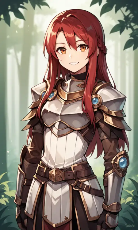 raquna, armor, long hair, red hair