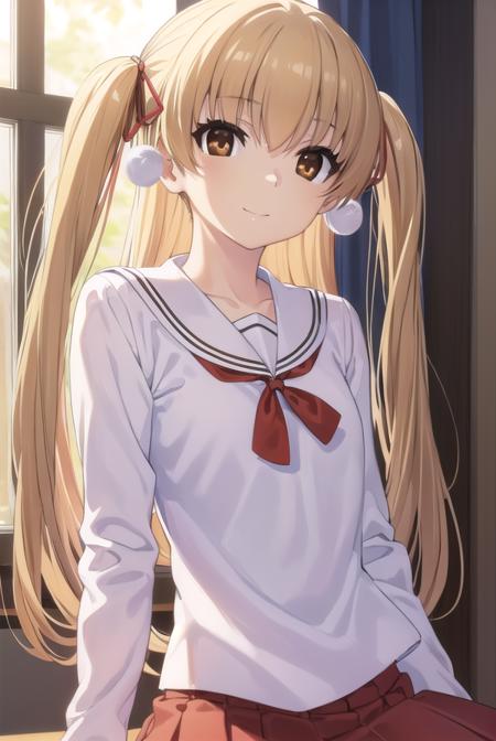 miutakanashi, <lora:miu takanashi s1-lora-nochekaiser:1>,
miu takanashi, long hair, blonde hair, ribbon, twintails, (brown eyes:1.5), hair ribbon, two side up, smile,
BREAK skirt, long sleeves, school uniform, serafuku, white sailor collar, (red skirt:1.2), (white shirt:1.2),
BREAK indoors, classroom,
BREAK looking at viewer, (cowboy shot:1.5),
BREAK <lyco:GoodHands-beta2:1>, (masterpiece:1.2), best quality, high resolution, unity 8k wallpaper, (illustration:0.8), (beautiful detailed eyes:1.6), extremely detailed face, perfect lighting, extremely detailed CG, (perfect hands, perfect anatomy),