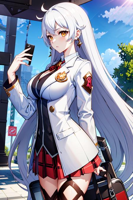 ultra high res,masterpiece,best quality,
1girl,kiana kaslana,white long hair,red plaid skirt,white shirt,blue jacket,earrings,<lora:Kiana Kaslana-Herrscher of the Void:0.8>,standing,cowboy shot,holding school bag,
outdoors,(street:1.2),crowd,car,sunlight,blue sky,