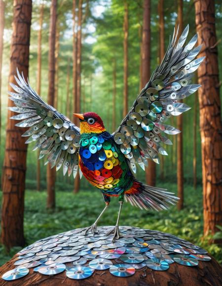 A bird in a forest made of cd's  <lora:CDs_SDXL:1>