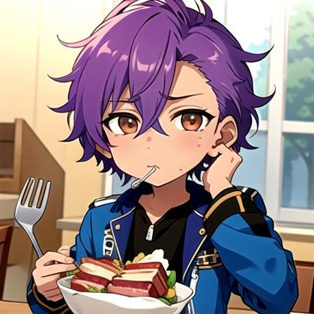 <lora:AdonisOtogari-03:0.77>, adonis_es, looking at viewer,  holding, hair between eyes, jacket, food, chibi, eating, blue jacket, ?, fork, food on face, meat, boned meat