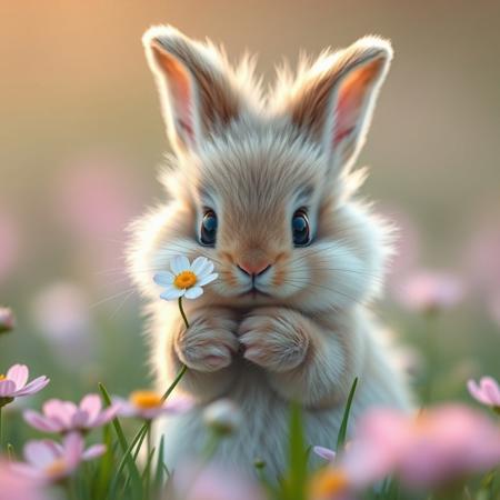 A cute fluffy bunny holding a delicate flower, soft lighting, highly detailed fur, big expressive eyes, in a spring meadow, pastel color palette, shallow depth of field, whimsical and gentle atmosphere, ultra realistic, 4k resolution, photorealistic style"