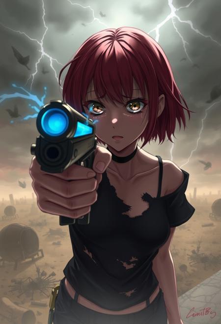 1girl, tomboy, damaged black top, very scared, aiming steampunk pistol with glowing blue liquid at you, soft lighting, soft shadows, red short hair, tears, apocalypse, wasteland, pale colors, thunder, POV, view from below, hands near my face