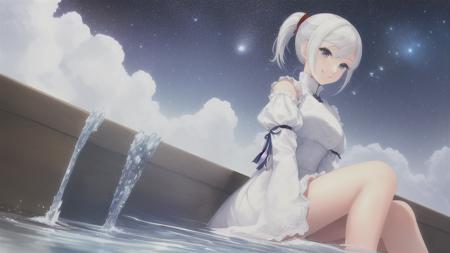 masterpiece, best quality, 1girl, (masterpiece), (super delicate), (illustration), ((detailed eyes)), strong light, pony tail, white hair, red eyes, ((water)), ((sitting)), ((facing viewer)), ((looking down)), ((sleeves past wrists)), ((smile)), night, stars, dark, blue,