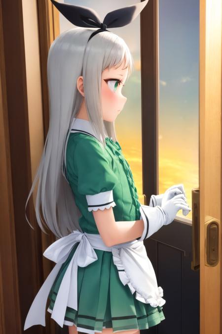 hideridef, otoko no ko, hair bow, black hairband, dress, short sleeves, frills, waist apron, frilled apron, skirt, white gloves, white thighhighs 