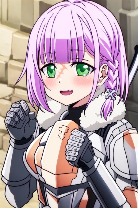 leo, 1girl, purple hair, short hair, green eyes, bangs, blush, armor, braid, scar, weapon, hair ornament, open mouth, looking at viewer, side braid, gauntlets, breastplate, 
high quality, best quality, ultra detailed, masterpiece, big breast, detailed hands, <lora:EMS-52531-EMS:0.800000>