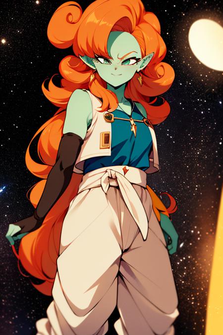 ((masterpiece,best quality)), absurdres, cinematic composition,
<lora:Zangya_DB:0.7>, Zangya_DB, solo, 1girl, green skin, long orange hair, white baggy pants, vest, sash,  black arm warmers, 
detailed face, smug,  
space and stars in background,