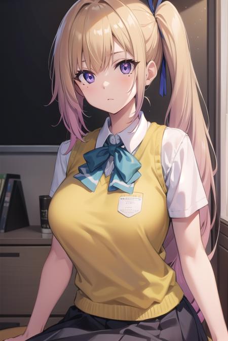 maikawakami, <lora:maikawakamitest:1>, mai kawakami, blonde hair, hair ribbon, long hair, mole, mole under eye, ribbon, side ponytail, (purple eyes:1.2),
BREAK school uniform, skirt, vest, yellow vest,
BREAK indoors, classroom,
BREAK looking at viewer,
BREAK <lyco:GoodHands-beta2:1>, (masterpiece:1.2), best quality, high resolution, unity 8k wallpaper, (illustration:0.8), (beautiful detailed eyes:1.6), extremely detailed face, perfect lighting, extremely detailed CG, (perfect hands, perfect anatomy),