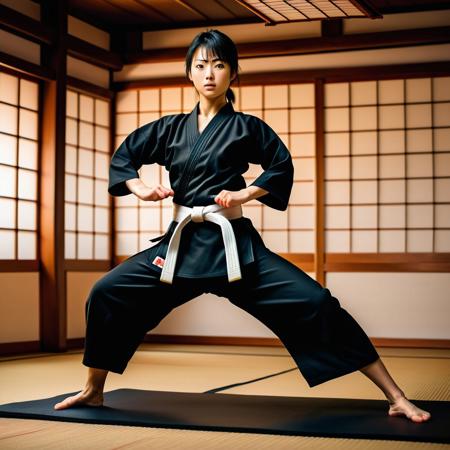 Create a high-resolution digital image of a beautiful Japanese woman in a black karate outfit standing on a mat in a dojo doing her kata.