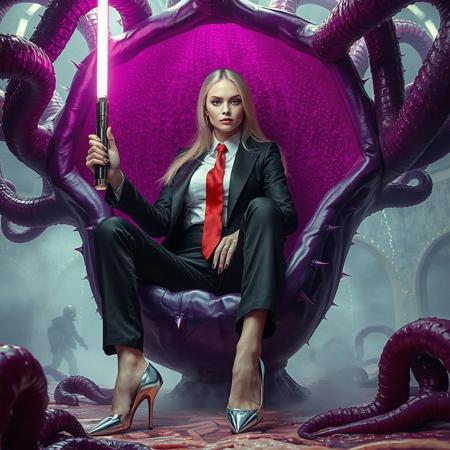 slender arrogant cold  russian blonde lady wearing  rich black glossy satin business trouser suite with lace inserts and opulent  glossy high heels, white shirt, red silk tie, jewels, elegant small light saber, entangled in long tentacles, sitting in giant purple alien carnivorous flower with glossy spiked petals, covered with giant ultrathin transparent glossy slime veils,  under slimy tentacles canopy,  giant portal to outer space, fog from the floor,  weird alien hive slime walls and fleshy floor, surrounded by halo odst troopers, vogue fashion look, hollywood  makeup, porcelain skin, long haired, ultrathin waisym reminiscent of H.R. Giger, Zdzisław Beksinski, and Ash Thorp's dark, sleek styles, with close-up glamour photography, glossy satin and silver heels glistening, fleshy slime dripping, and dark shadows.