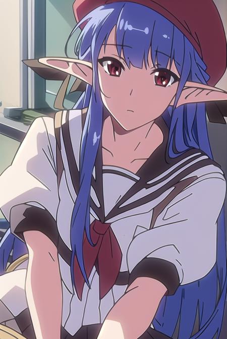 shufflenerine, <lyco:nerine-LYCORIStest:1>,
nerine, long hair, blue hair, pointy ears, (red eyes:1.5),
BREAK skirt, hat, school uniform, short sleeves, socks, puffy sleeves, puffy short sleeves, beret,
BREAK looking at viewer,
BREAK indoors, classroom, 
BREAK <lora:GoodHands-vanilla:1>, (masterpiece:1.2), best quality, high resolution, unity 8k wallpaper, (illustration:0.8), (beautiful detailed eyes:1.6), extremely detailed face, perfect lighting, extremely detailed CG, (perfect hands, perfect anatomy),