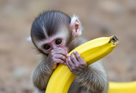 Baby monkey is eating a banana