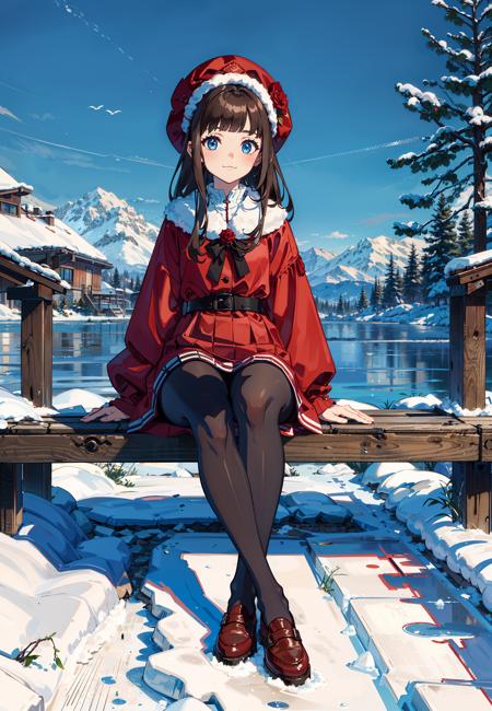 masterpiece, best quality, winter, snow field, (:3:1.5), 
1girl, bangs, blue eyes, blunt bangs, bonnet, brown footwear, brown hair, red dress, frills, fruit, full body, hat, long hair, long sleeves, looking at viewer, pantyhose, red flower, red rose, rose, shoes, sitting, solo,
sky, sun, mountain, forest, lake,