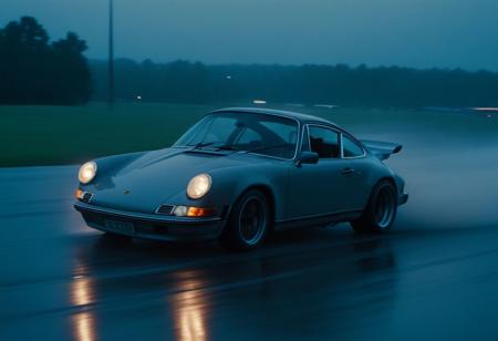 cinematic photo of a fast moving drifting classic Porsche 911 at dusk, motion blur, moving tires, downpour, thunderstorm, heavy rain, Movie Still, Film Still, Cinematic, Cinematic Shot, Cinematic Lighting