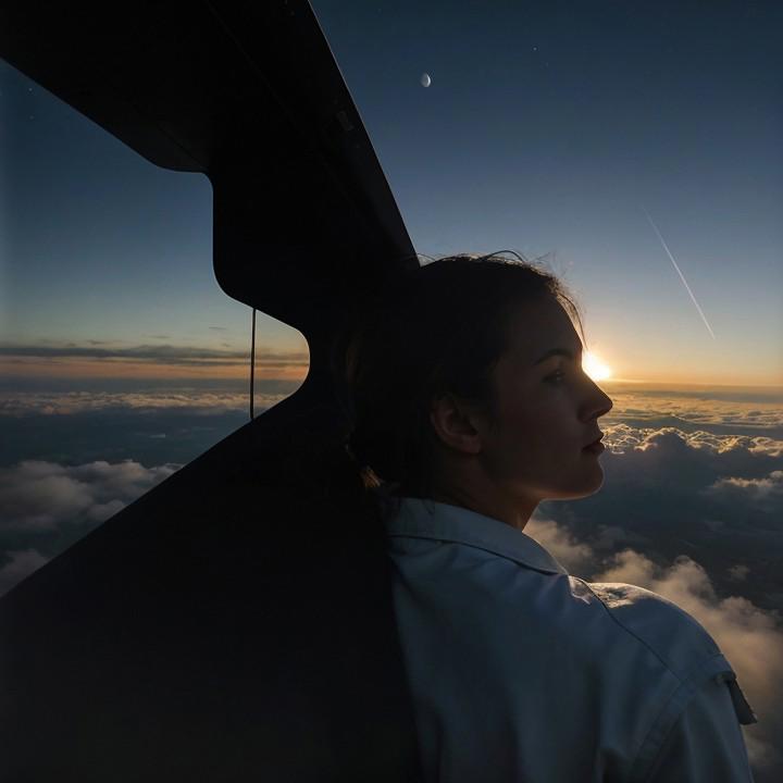 astronaut sitting on airplane wing, atmospheric sky, silhouette of another planet in the sky, moon visible