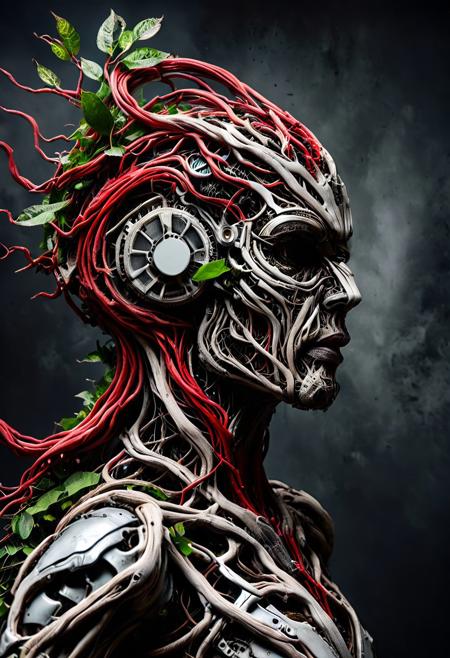 ultra detailed complex 3d rendering of a beautiful porcelain profile android face morph-treeroots, cyborg made of cd's, robotic parts made of branches and leaves, 150 mm, Beautiful soft studio light, Ring light, vibrant details, luxurious cyberpunk, lace, hyper realistic, anatomic, facial muscles, electric red cables, microchip, elegant, beautiful background, octane rendering, HR Giger style, 8k, best quality, artwork-before, illustration,, extremely delicate and beautiful, extremely detailed, CG, unity, wallpaper, (realistic, photorealistic : 1.37), unbelievable, finely detail, artwork-before, best quality, official art, extremely detailed 8k unity CG wallpaper, absurd, incredibly absurd, robot, metallic silver helmet, full body, combat position
