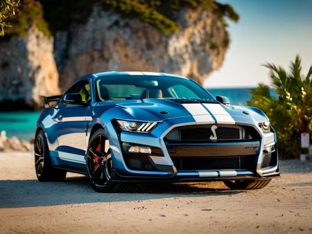 a photo of mstgsgt500 car parked, near the beach, flares, bokeh, greek islands