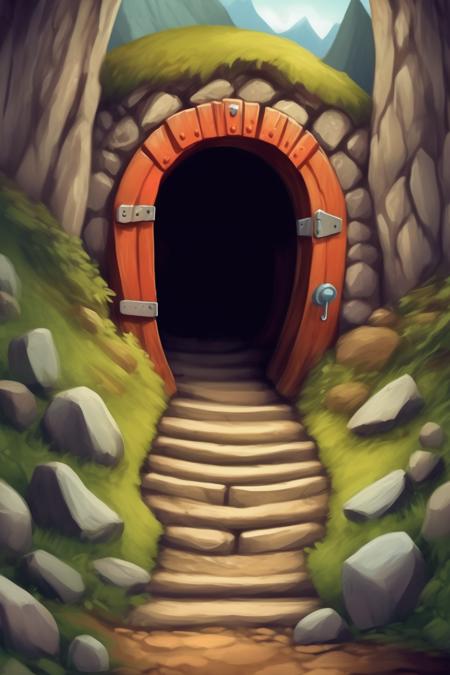 <lora:Dixit Card Generator:1>Dixit Card Generator - a cute and adoreable role playing game card showing the entrance to a mountain tunnel