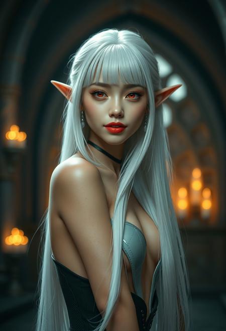 (Smooth Quality:0.8),masterpiece,best quality,amazing quality, absurdres, ultra-HD, 8k, fit body, raytracing, soft lighting, volumetric lighting, ambient occlusion, absolutely eye-catching, highest quality, usnr, (cinematic composition:1.3), depth of field, (adult), (mature female:1.2), very aesthetic, smooth image, (detailed face and eyes), mesmerizing gaze, sharp focus, warm lighting, semi realistic, girl emphasize body relief, shadow, masterpiece, best quality, 32k, high resolution, absurdres, 
1girl, elf girl, albino white hair, albino white eyebrows, (((colored eyelashes, albino white eyelashes:1.5))),  oval face, blunt bangs, long hair, straight hair, glowing red eyes, slim, small breasts, red lips, sexy smile, silver earrings, (beautiful full lips), (wide hips), (sexy thighs), (thin thighs), high heel boots, full body focus, fantasy medieval castle interior, sexy smile, small oni horns, red oni horns, tiny red oni horns, strutting down the hallway of a high fantasy castle.  full body <lora:MoriiMee_Gothic_Niji_Style_Illustrious_r1:0.6> <lora:USNR_STYLE_ILL_V1_lokr3:1> rave dress(very short dress)(tiny dress), sideslit, bimbo, dmngrlz, aidmafluxproultra
