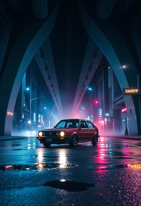 a dramatic nighttime scene under a bridge in a futuristic city, a vw golf mk2 standing there with bright lights and a stark contrast between light and shadow,  arches over the scene, it's raining the streets are wet and there are several puddles, neon lights and a bit of fog create a cinematic atmosphere