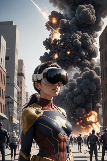 (Marvels, Super heroes comics art style :1.1),
depth of field, crowd, crossroads, 1girl, half-body shot, explosion, buildings falling down,
looking away, awe,<lora:vision_pro_v1:0.5>,wearing VR glasses, wearing Vision Pro