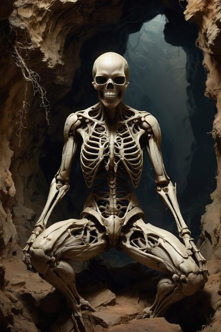 The image depicts a skeletal figure with a humanoid form sitting in a dark and eerie environment. The figure appears to be made of bone or a similar material, with a skull-like head and a ribcage visible on its torso. It is positioned in a crouched posture, with its arms wrapped around its knees, giving it a closed and defensive stance. A notable feature of this figure is the multiple elongated, spider-like limbs extending from its back. These limbs are thin, bony, and jointed, resembling the legs of a spider or insect. The texture of the limbs suggests they are made of the same material as the skeletal body. The background is dimly lit, with shadows creating an ominous atmosphere. The setting seems to be a cave or underground chamber, with rough, rocky walls. The lighting is primarily from the left side, casting shadows that accentuate the texture and details of the figure and its surroundings. The overall mood of the image is dark and unsettling, with the skeletal figure's posture and setting contributing to a sense of mystery and foreboding. <lora:extremely_detailed:1> <lora:SDXLFaeTastic2400:1>