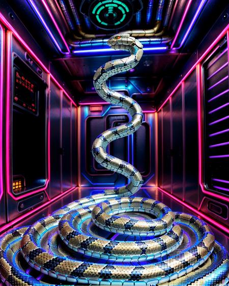 (<lora:flux-metallic-snake:1> metallic snake, metal snake, snake:1.5), metallic snake, snake in polished metal, segmented plates, glowing neon lights, cyberpunk server room, holographic displays, digital flux, flowing data streams, matrix-like atmosphere, futuristic design, blue and purple neon, glowing circuitry, high-tech environment, cinematic lighting, dramatic shadows, sleek and futuristic,