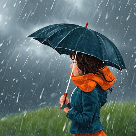 images depicting a young girl struggling to hold her umbrella in a windy storm. The illustrations capture the intensity of the storm and the girl's determination.