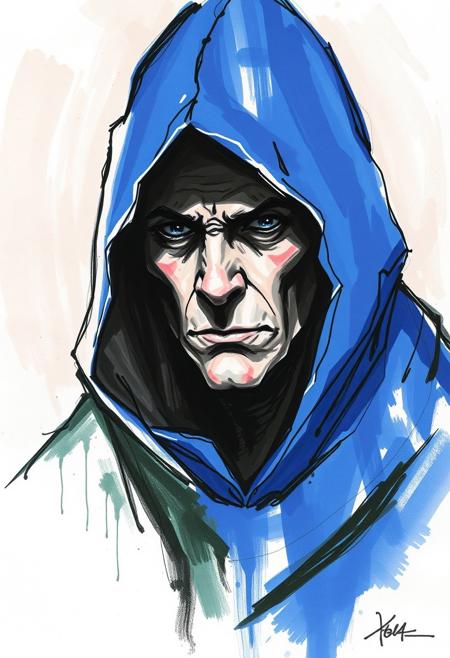 Hooded wizard, blue hood, rendered with bold, expressive smudges and unfinished strokes