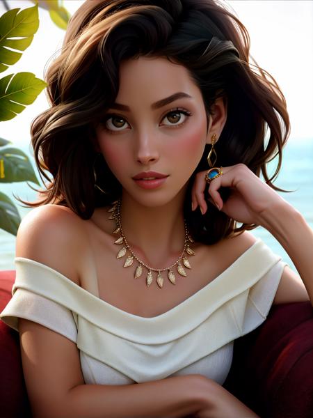 Realistic photo of a beautiful chr1styt woman,1girl,solo,looking at viewer,black hair,bare shoulders,jewelry,flower,earrings,necklace,dark-skinned female,lips,leaf,ring,plant,head rest,realistic,soft lighting, professional Photography, Photorealistic, detailed, RAW, analog, sharp focus, 8k, HD, high quality, masterpiece<lora:chr1styt:1.0>