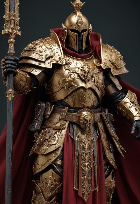 Adeptus Custodes warrior in Warhammer 40,000. They're imposing figures, clad in intricately crafted gold armor adorned with Imperium symbols. Their golden armor gleams with regal ornamentation, with a stoic yet fierce gaze behind their ornate helmet. They wield a Guardian Spear, crackling with energy, and wear a billowing cloak. Custodian Guards epitomize martial prowess and unwavering loyalty to the Emperor, serving as formidable protectors against chaos and heresy.