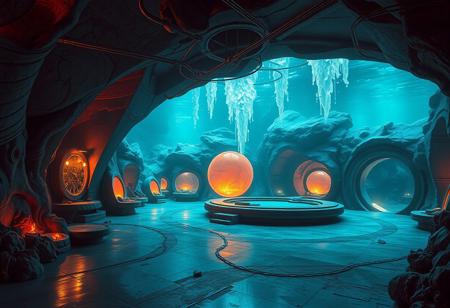 fantasy art,
fantasy art deco, cinematic color grading, scifi, underground living area in a far future,empty fantasy underwater topia outside of time, masterpiece