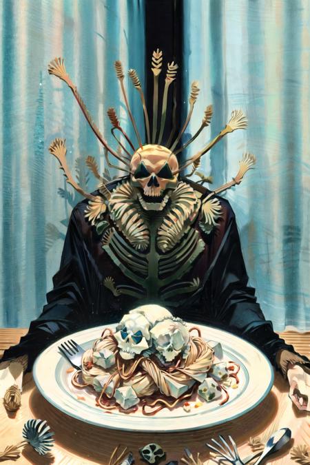 horror (theme), plate, table, food, window, chair, bone, traditional media, sitting, indoors, solo, spaghetti, skeleton, curtains, fork, pasta, surreal, long sleeves, shirt, monster