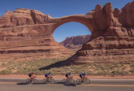 landscape of a bike race in the Utah desert, very realistic photography, background arches and cliffs of Utah