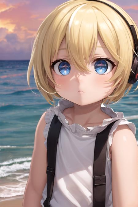 (1boy:1.4),
multicolored background, looking at viewer, hair between eyes, highlight in eyes, (very short hair),
crew cut, (blonde hair:2), (fully clothed :1.4), colorful eyes, ((masterpiece,4:1)), 
multiple details, sky, sea, beach,  whole body, short hair, handsome, (bulge:0.4), 
beautiful eyes (vocaloid), delicate features, high light in eyes, (narrow chin:1.5), triangle chin,  (introvert:1.6)
petite, young, juvenile, short hair, detailed beautiful little boy, adorable boy, sparkling eyes, (sunset beach), muscular:0.6