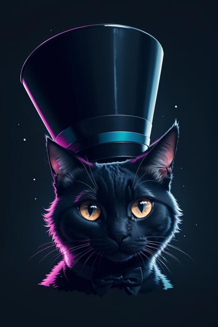 masterpiece, best quality, ultra high res, a cute cat, animal, beautiful, visually stunning, elegant, incredible details, award-winning painting, high contrast, vector art, line art, splatter, flat color, color merge gradient, (kitten:0.7), (dark blue theme:1.2), n3on, glowing, neon, (fluffy:1.2), top hat, cat eyes, serious, magenta, (no humans:1.4)