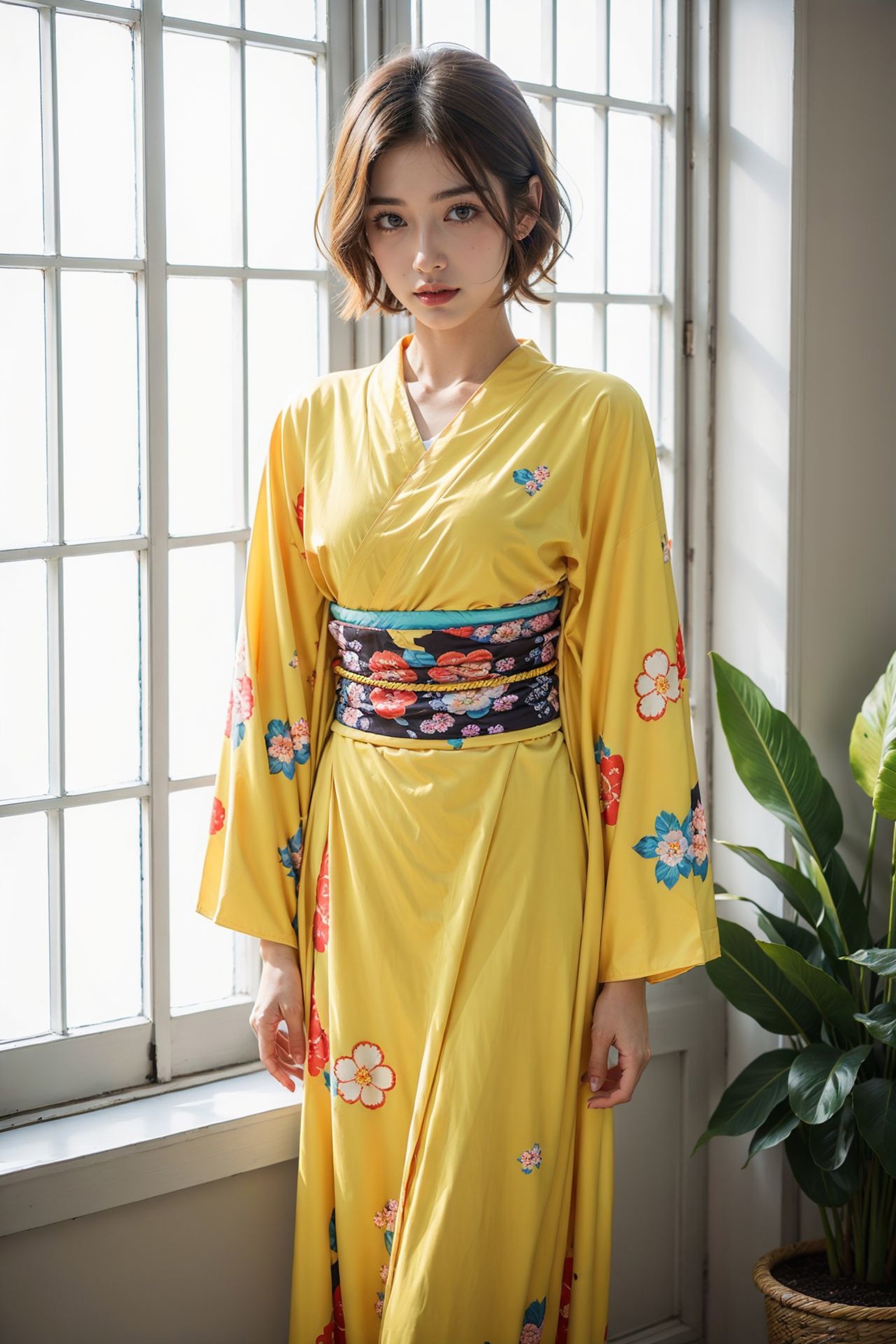 <lora:Kimono_V20:0.85>, 1girl, (yellow kimono),  (floral print), long sleeves, short hair, (upper body:0.7), standing, (co...