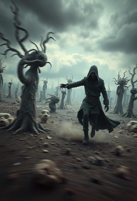 Photorealistic image, dynamic motion depicted through blurred lines and action poses, showcasing a mysterious figure in a dark, overpopulated wasteland. The barren landscape is populated with intricate organic sculptures and dark surreal illustrations, creating a post-apocalyptic atmosphere.  The scene emphasizes the macabre, highlighting the surreal aesthetic and dark beauty.