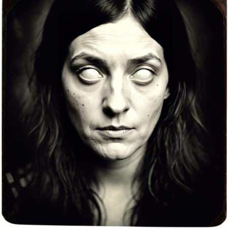 whiteeyes, 1woman, tintype photography,  <lora:whiteeyes_16-01:1>