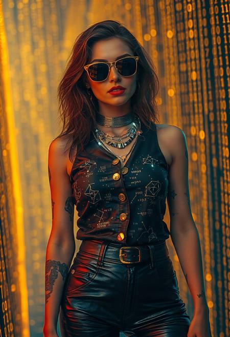 A cybernetic labyrinth filled with scrolling code streams. The woman’s gold-buttoned top is embroidered with pixel-art constellations, while her leather pants pulse with embedded LED circuits. Her sunglasses reflect strings of binary, and the layered necklace projects holographic runes. The background is a grid of shifting yellow and orange pixels, creating an immersive tech maze. Syd Mead’s digital minimalism collides with Rolf Armstrong’s retro-futuristic charm: glowing tattoos on her arms, a wink directed at the viewer, and a vibrant skin tone. Add flickering code trails and glitch effects.  Pixel constellations, LED circuits, binary reflections, holographic runes, glitch effects.