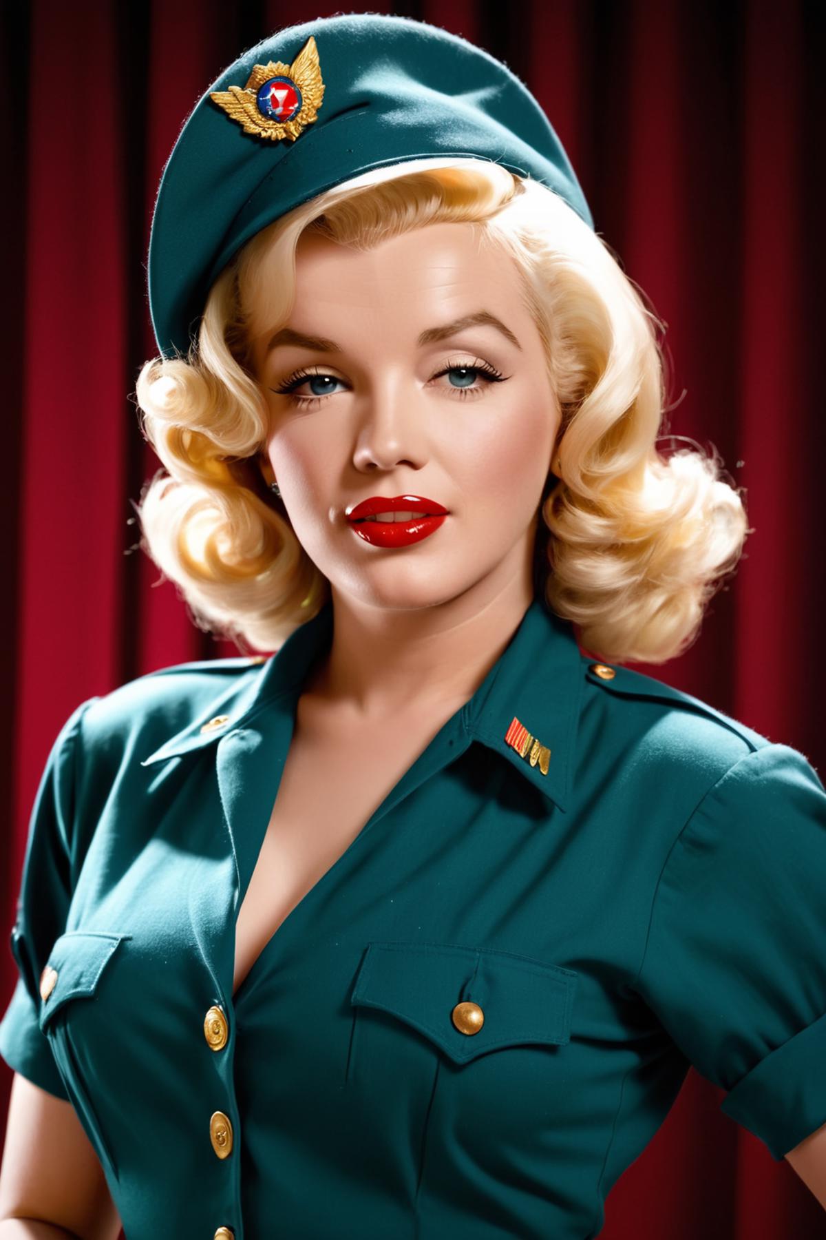 A blonde Marilyn Monroe lookalike in a green military uniform.