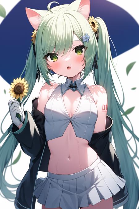 sunflower, 1girl, flower, solo, gloves, animal ears, long hair, holding flower, skirt, white gloves, hatsune miku, holding, navel, hair ornament, looking at viewer, green eyes, breasts, cat ears, hair flower, green hair, twintails, animal ear fluff, midriff, petals, ahoge, cover, white skirt, yellow flower, bare shoulders, stomach, detached sleeves, long sleeves, crop top, cover page, extra ears, small breasts, cowboy shot, white background, open clothes, open mouth, pleated skirt, sleeveless, blue jacket, sleeveless shirt, bangs, parted lips, off shoulder, jacket, shirt, doujin cover, ponytail, aqua hair, very long hair, cleavage, blush, standing, simple background, open jacket, white shirt, white flower, cat girl, kemonomimi mode