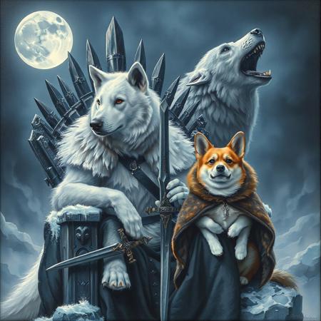 A regal white wolf (as Jon Snow) sits on a frosty throne, gripping a chew-toy sword. Beside him, a tiny but fierce corgi (Tyrion Lannister) wears a tiny fur cloak and a smug expression. In the background, a massive Saint Bernard (Ghost) howls at the icy moon. The headline is “The Game of Buzzers.”
Style: Epic fantasy oil painting, cold and misty atmosphere, intricate armor details.