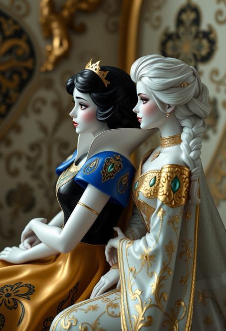 1girl (Snow White) and 1girl (Elsa), Disney Princesses,sitting together and talking, gold foil,hyperrealistic 8k, porcelain woman, side profile, intricate black and gold patterns, flawless symmetry, ethereal beauty,,
,novuschroma27 style