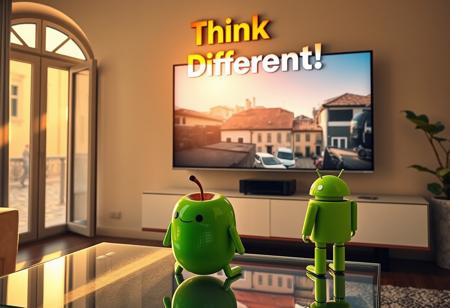 "In a stylish Italian apartment, a cartoonish green apple with expressive eyes, simple arms, and legs sits on a sleek glass coffee table, watching a high-tech OLED TV mounted on the wall. The TV plays an Apple computer commercial in vivid 4K, showcasing sleek and futuristic product designs. Golden sunlight spills through an arched window, casting a warm glow across the room, with a view of cobblestone streets and terracotta rooftops.
Next to the apple stands the iconic Android logo robot—a small, green, smooth-bodied droid with antennae and rounded limbs. The droid’s simple, friendly design contrasts with the apple’s glossy, cartoonish appearance. They both face the TV, seemingly captivated by the tech commercial, with the apple leaning forward in excitement and the Android robot standing calmly beside it.
Above the TV, a brightly colored cardboard sign reads 'Think Different!' in a mix of Renaissance-inspired and modern typography. The sign is intricately laser-cut and backlit with soft LEDs, casting dynamic shadows on the stucco wall. The room combines classic Italian design—exposed brick and wooden beams—with cutting-edge technology like smart lighting and rotating digital art displays. The cartoonish green apple and the iconic Android robot perfectly embody the playful blend of tech innovation and timeless Italian charm."
