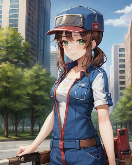 best quality, (masterpiece:1.2), illustration, absurdres,
(1girl), (solo), (beautiful detailed girl),
<lora:Wendy:0.8>, Wendy, brown hair, medium hair, green eyes, small breasts,
blue overalls, open clothes, open overalls, white tshirt, engineer, mechanic, tools,
blue hat, blue and red headwear,
park, city, tall buildings, street, tree, sky, clouds, day,, __ shot__, looking at viewer, smile