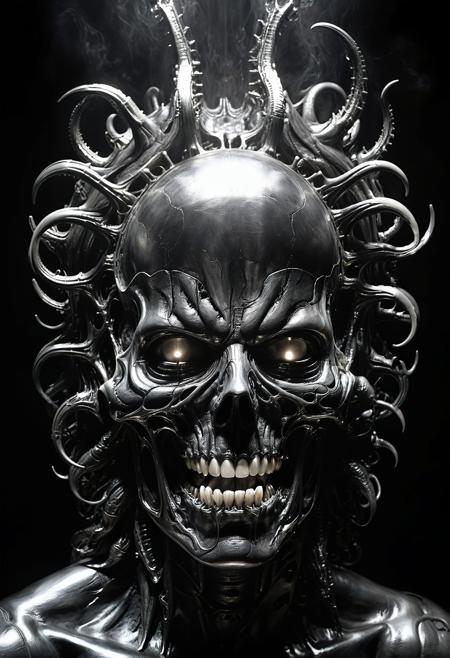 head exploding, chiaroscuro lighting, in the style of (H.R. Giger), background is darkness, pure black, horror,